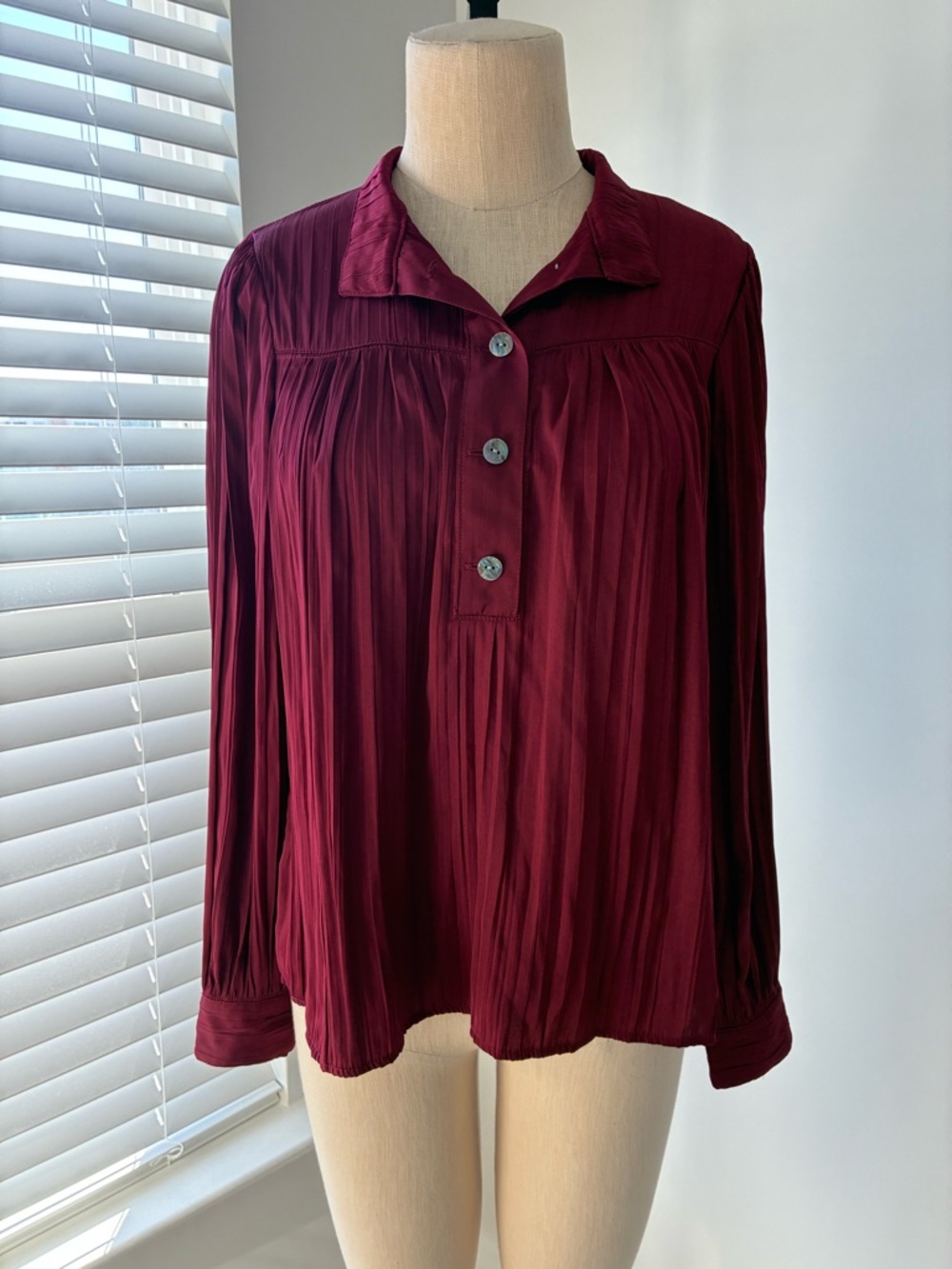 By Anthropologie Maroon Satin Pleated Long Sleeve Polo Blouse